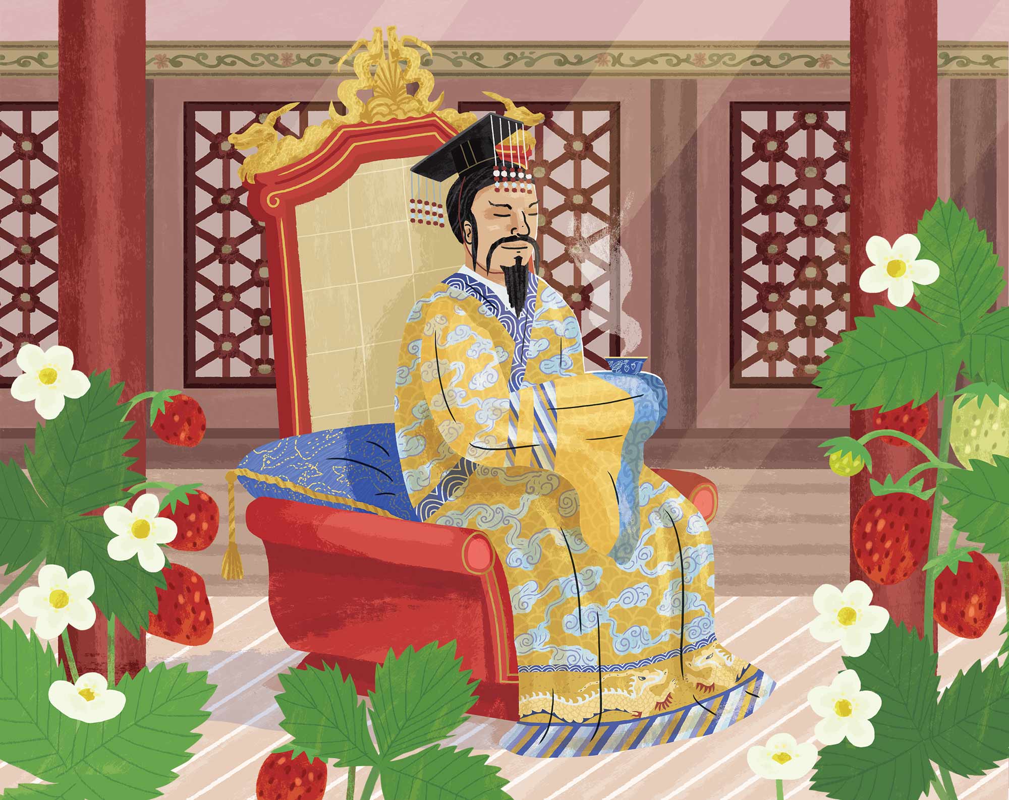 Strawberry Tea for the Yellow Emperor from Foraging: The Complete Guide for Kids and Families illustrated by Elly Jahnz